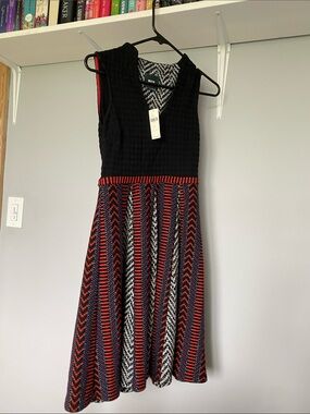 Anthropologie Black Knit Bodice Red & Blue Chevron Midi Dress